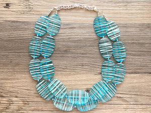 Blue Statement Necklace - Double Strand Teal and White Big Bead Jewelry bib chunky oval bead turquoise, blue and white necklace, light blue