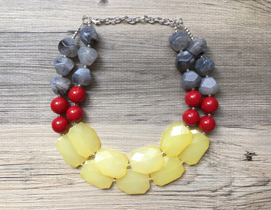 Statement Necklace, Gray Skies Maroon Yellow, Double Strand Statement Necklace, fall colors, yellow necklace, gray necklace