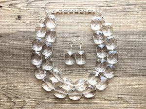 Clear Crystal Statement Necklace - Faceted Oval Beaded Everyday neutral jewelry - silver accents chunky bib necklace
