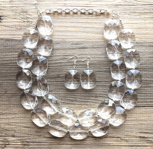 Clear Crystal Statement Necklace - Faceted Oval Beaded Everyday neutral jewelry - silver accents chunky bib necklace