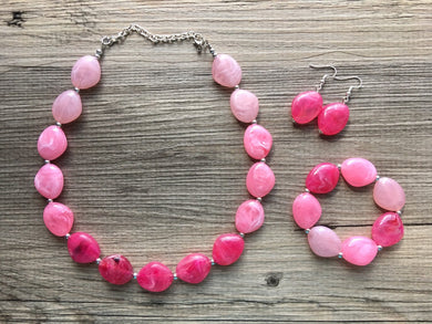 Pink Ombré Chunky Statement jewelry set, Big bib beaded jewelry, Single Strand Statement Necklace earrings, bridesmaid wedding, Magnolia