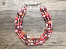 Load image into Gallery viewer, Coral Peach Pink Metallic Purple Triple Strand statement necklace, big beaded chunky jewelry, Coral Orange Bib Jewelry Set, earring jewelry