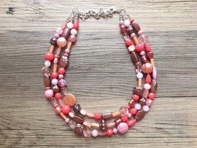 Coral Peach Pink Metallic Purple Triple Strand statement necklace, big beaded chunky jewelry, Coral Orange Bib Jewelry Set, earring jewelry