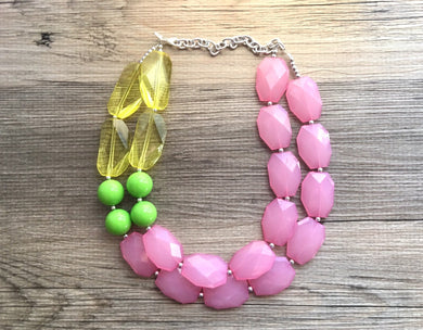 Pink Yellow Green Tropical Breeze Necklace, Beaded Womens Jewelry, Neon Yellow olive lime green blush Pink Statement Necklace