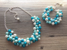 Load image into Gallery viewer, Blue Ombre Set, Robins egg Blue and Teal 3 Piece Jewelry Set, Necklace Earrings Bracelet, Wedding Bridesmaid Personalized Pearl cluster