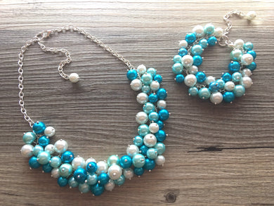 Blue Ombre Set, Robins egg Blue and Teal 3 Piece Jewelry Set, Necklace Earrings Bracelet, Wedding Bridesmaid Personalized Pearl cluster