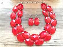 Load image into Gallery viewer, Cherry Red chunky Necklace, bright red jewelry set, big beaded chunky red statement necklace and earrings, crimson red necklace