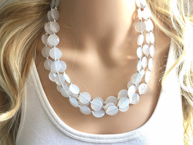 3 Layer White statement necklace with silver accents, bib jewelry cloudy white necklace, white jewelry, white beaded necklace, chunky white