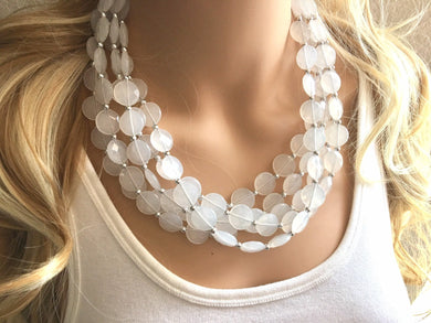 5 Layer White statement necklace with silver accents, bib jewelry cloudy white necklace, white jewelry, white beaded necklace, chunky white