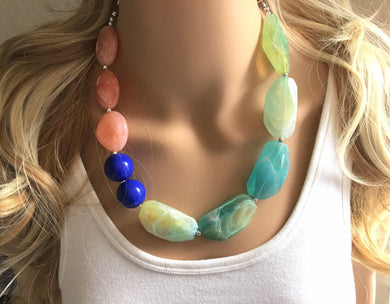 Aquarium Nautical Chunky Statement Necklace, Big beaded jewelry, single Strand Statement Necklace, blue green peach, blue necklace