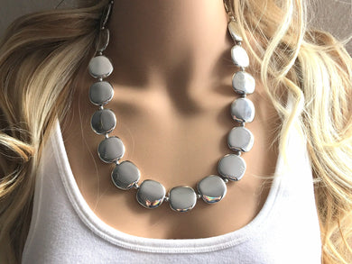Silver Mirror Big Bead Necklace, single Strand Statement Jewelry, gray Chunky bib, bridesmaid necklace, gray jewelry, beaded necklace