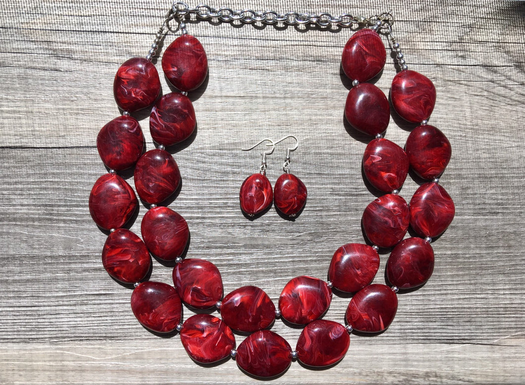 Red Chunky Statement Necklace, Big beaded jewelry, Double Strand Statement Necklace, Bib necklace, red bridesmaid, red wedding, praline