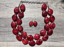Load image into Gallery viewer, Red Chunky Statement Necklace, Big beaded jewelry, Double Strand Statement Necklace, Bib necklace, red bridesmaid, red wedding, praline