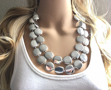 Silver Mirror Jewelry Set, Nautical Chunky Statement Necklace, Big beaded jewelry, Double Strand Statement Necklace, silver necklace