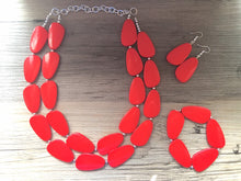 Load image into Gallery viewer, Big Bead red Necklace, Double Strand Statement Jewelry, bright lipstick red Chunky bib bridesmaid, red jewelry, red necklace beaded