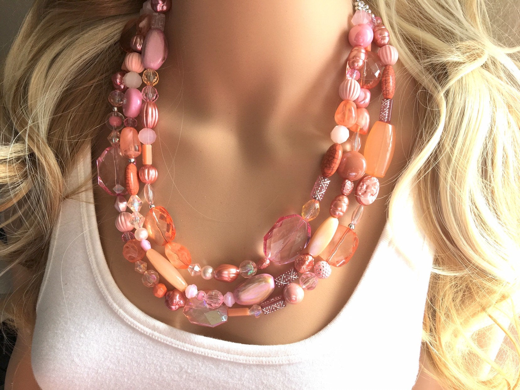 Pink and White Multi Layer Bib Necklace with Adjustable Golden Chain -  Galapagos Tagua Jewelry