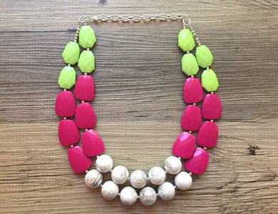 Watermelon Sparkle Party Pink Green Chunky Statement Necklace, Big beaded jewelry, double Strand bib chunky Necklace, pink green white jewel