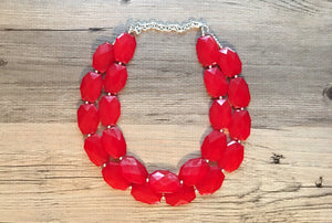 Cherry Red Necklace - Double strand bright red jewelry - big beaded chunky  statement necklace