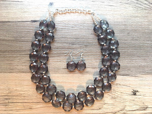 Dark Gray Double Strand statement necklace, big beaded chunky jewelry, gray earrings necklace jewelry set, beaded jewelry smoke gray