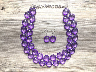 Dark Purple Double Strand statement necklace, big beaded chunky jewelry, purple earrings, purple jewelry set, eggplant jewelry set