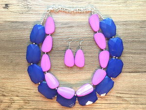 Chunky Statement Purple Necklace, multi strand colorful jewelry, big beaded chunky statement necklace, blue necklace, blue jewelry