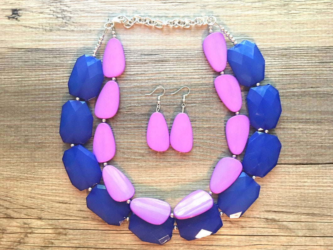 Chunky Statement Purple Necklace, multi strand colorful jewelry, big beaded chunky statement necklace, blue necklace, blue jewelry