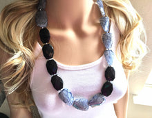 Load image into Gallery viewer, Black &amp; Blue long Necklace, single strand jewelry, big beaded chunky statement necklace, blue necklace, bridesmaid layering necklace