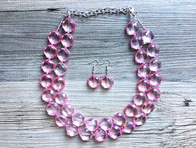 Blush pink Double Strand statement necklace - Blush big beaded chunky jewelry, blush pink wedding, light pink jewelry set, light pink earrin