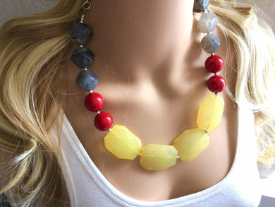 Statement Necklace, Gray Skies Maroon Yellow, single Strand Statement Necklace, fall colors, yellow necklace, red gray necklace autumn