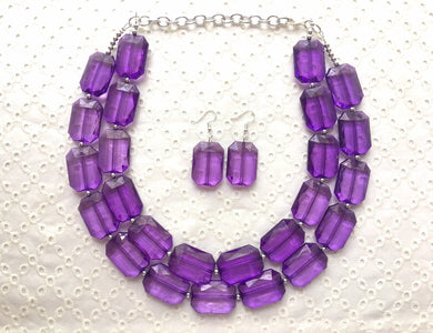 Purple Chunky Statement Necklace earrings jewelry set, multi Strand Royal Purple Beaded Necklace, dark purple bib necklace jewelry