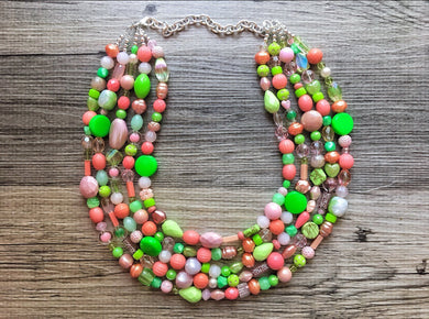 Watermelon Party Pink Green Chunky Statement Necklace, Big beaded jewelry, 5 Strand bib chunky Necklace, pink green coral white jewelry