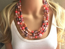 Load image into Gallery viewer, Coral Peach Pink Metallic Purple Triple Strand statement necklace, big beaded chunky jewelry, Coral Orange Bib Jewelry Set, earring jewelry