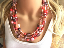 Load image into Gallery viewer, Coral Peach Pink Metallic Purple Triple Strand statement necklace, big beaded chunky jewelry, Coral Orange Bib Jewelry Set, earring jewelry