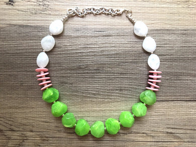 Lime White & Blush Pink Statement Necklace - Chunky single Strand Jewelry, matching pink earrings, color block bridesmaid necklace
