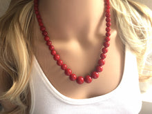 Load image into Gallery viewer, Red Beaded statement necklace, extra chunky graduated bead red jewelry, crimson long necklace jewelry, red earrings jewelry set