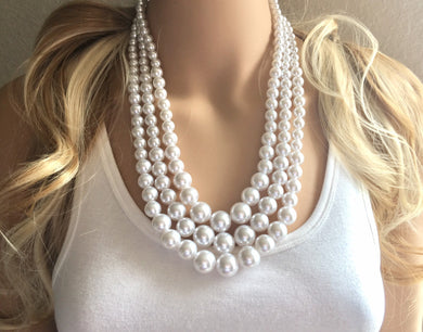 Three Strand white chunky statement necklace & earrings, big bead jewelry gifts for women, bib jewelry pearl necklace, beaded jewelry