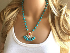 Rhinestone Red Resin Pendant Chunky Statement Necklace jewlery, Beaded turquoise statement blue fan pendant chunky bib