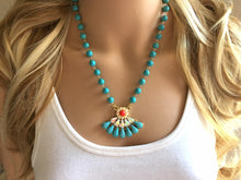 Load image into Gallery viewer, Rhinestone Red Resin Pendant Chunky Statement Necklace jewlery, Beaded turquoise statement blue fan pendant chunky bib