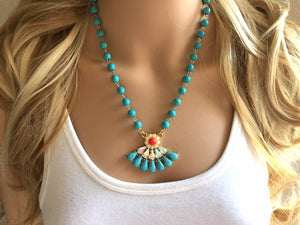 Rhinestone Red Resin Pendant Chunky Statement Necklace jewlery, Beaded turquoise statement blue fan pendant chunky bib