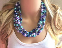 Load image into Gallery viewer, Pearl Mermaid Chunky Statement Necklace, multi Strand Beaded Jewelry, blue purple gray jewelry, fall statement mermaid jewel tone jewelry