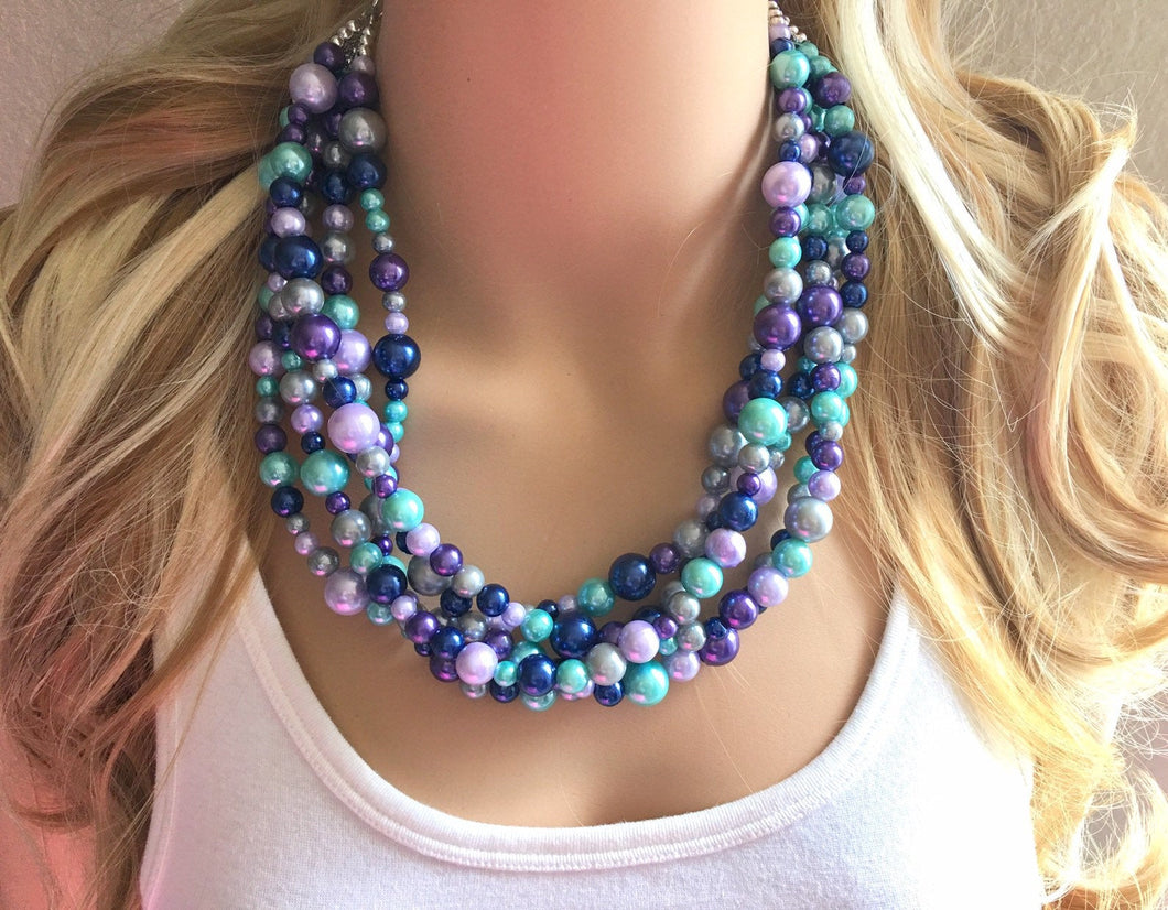 Pearl Mermaid Chunky Statement Necklace, multi Strand Beaded Jewelry, blue purple gray jewelry, fall statement mermaid jewel tone jewelry