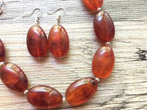 Amber Statement Necklace & Earrings, amber jewelry, Your Choice GOLD or SILVER, amber brown bib chunky necklace, brown oval necklace