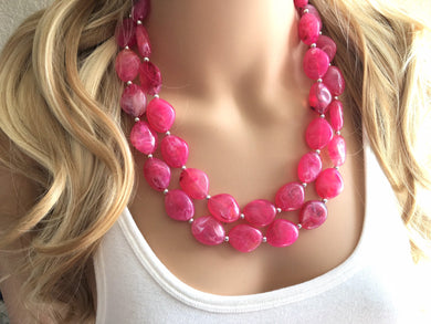 Dark Pink Chunky Statement jewelry set, Big bib beaded Double Strand Statement Necklace earrings, magenta bridesmaid wedding Magnolia