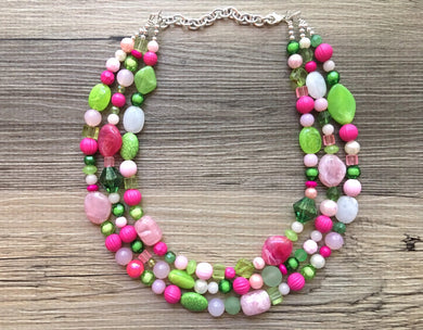Pink Green Chunky Statement Necklace, Big beaded jewelry, Triple Strand bib chunky Necklace, pink green white jewelry, beaded jewelry