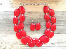 Load image into Gallery viewer, Cherry Red chunky Necklace, bright red jewelry set, big beaded chunky red statement necklace and earrings, crimson red necklace