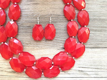 Load image into Gallery viewer, Cherry Red chunky Necklace, bright red jewelry set, big beaded chunky red statement necklace and earrings, crimson red necklace