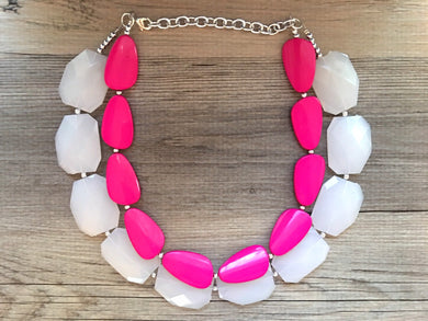 White & Pink Necklace, multi strand colorful jewelry, big beaded chunky statement necklace, hot pink necklace, white magenta jewelry