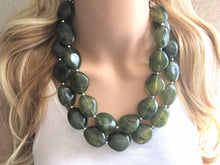 Load image into Gallery viewer, Dark Army Green Chunky Statement Necklace, Big beaded jewelry, Double Strand Statement Bib necklace, green bridesmaid wedding, praline