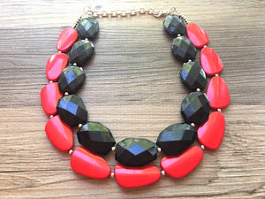 Black & Red Necklace, multi strand jewelry, big beaded chunky statement necklace, red jewelry, bridesmaid necklace, bib necklace, black bead