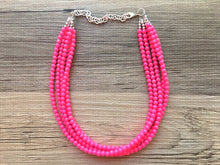 Load image into Gallery viewer, Multi Strand Neon Pink Necklace, Neon Pink jewelry, chunky pink necklace, statement neon pink necklace, bright pink jewelry, beaded necklace